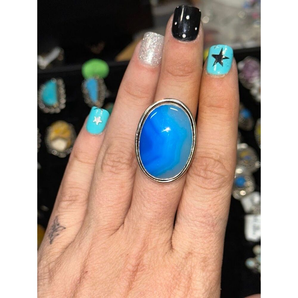Blue Botswana Agate Oval Sterling Silver Overlay Ring Size 7